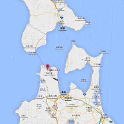 Le tunnel Seikan 青函トンネル qui relie les îles d’Honshû 本州, au sud, et Hokkaidô 北海道 au nord © Google Map