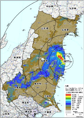 Carte de contamination par la radioactivité de la région du Tôhoku 東北地方, hôshanô osen mappu 放射能汚染 マップ © Ministère de l’Éducation, de la culture, des sports, des sciences et technologie du Japon, Monbu-kagaku-shô 文部科学省