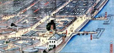 La piscine de Yokohama, Yokohama no suiei-ba 横浜の水泳場, située le long des appontements Ouest de Yokohama, Yokohama Nishi-hatoba 横浜西波止場, devant le Grand Hotel