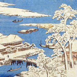 Un matin de neige sur la Sumida, Sumida-gawa yuki no asa 隅田川雪の朝, Les vues des sites célèbres d’une soixantaine des anciennes provinces du Japon, roku-jû yoshû meisho zue 六十余州名所図会 par Utagawa Hiroshige 歌川広重, 1853 © Bibliothèque nationale de la Diète, Kokuritsu Kokkai toshokan 国立国会図書館