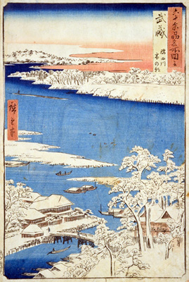 Un matin de neige sur la Sumida, Sumida-gawa yuki no asa 隅田川雪の朝, Les vues des sites célèbres d’une soixantaine des anciennes provinces du Japon, roku-jû yoshû meisho zue 六十余州名所図会 par Utagawa Hiroshige 歌川広重, 1853 © Bibliothèque nationale de la Diète, Kokuritsu Kokkai toshokan 国立国会図書館