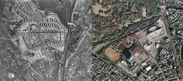 Vues aériennes comparées des Washington Heights et du parc Yoyogi ainsi que le stade olympique © Europa Technologies, Zenrin – Album d’images de Narimasu
