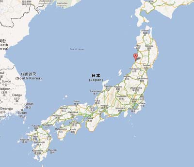Localisation de la plaine de Shônai 庄内平野 sur une carte du Japon © Google Maps
