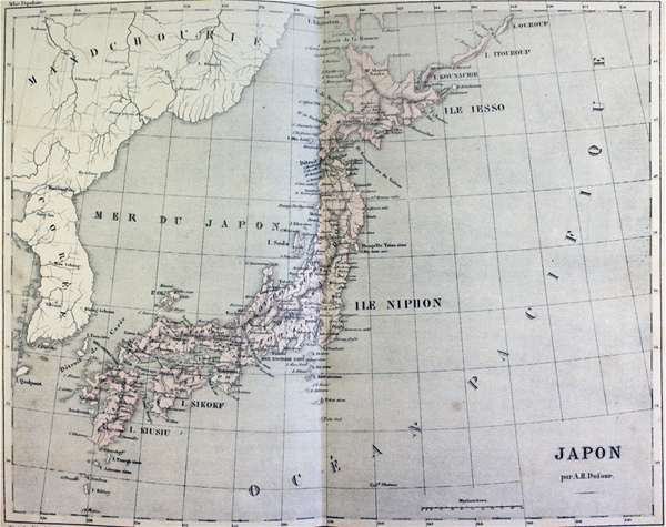 Carte du Japon de 1854 par Dufour. Ezo 蝦夷地 est indiqué au nord du Japon sous la graphie Iesso.
