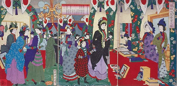 Vente de charité au Rokumeikan 鹿鳴館, Hashimoto Chikanobu橋本周延 (1838-1912) – Bibliothèque de l’université de Waseda 早稲田大学図書館