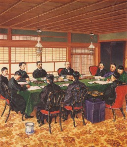 Représentation de la signature du traité de Shimonoseki par le peintre Nagatochi Hideta 永地秀太 (1873-1942) où sont présents le premier ministre, Itô Hirobumi 伊藤博文 (1841-1909) et le ministre des Affaires étrangères, Mutsu Munemitsu 陸奥宗光 (1844-1897) © Association du Temple de Meiji, Meiji jingû sûkei-kai 明治神宮崇敬会