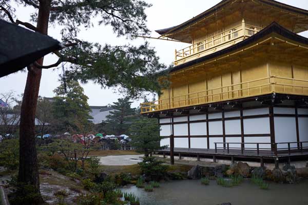 Le Pavillon d'or sous la pluie et les touristes sous les parapluies © Aventure Japon 2016