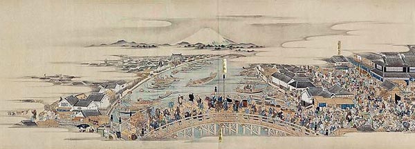 Pont Nihonbashi avec le Mont Fuji en arrière-plan issu du e-maki 絵巻, Kidai shoran 熈代勝覧, datant de 1805 et représentant les gens allant et venant sur l’avenue du Nihonbashi à l’époque. D’une longueur de 12 m © Musée des Beaux-arts asiatiques de Berlin, Museum für Asiatische Kunst