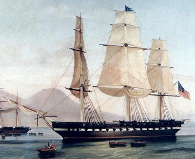 La frégate à vapeur USS Susquehanna, navire-amiral du East India Squadron qui fit halte aux Ryûkyû avant de se diriger vers Edo sous le commandement du Commodore Perry en 1853 © Navsource Online