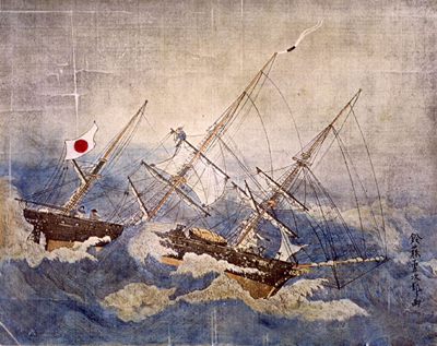 Le Kanrin-maru dans la tempête, Kanrin-maru nankô zu 咸臨丸難航図, de Suzubuji Yûjirô 鈴藤勇次郎 (1826-1868) – Fonds Kimura 木村家 des Archives de Yokohama, Yokohama kaikô shiryôkan 横浜開港資料館.
