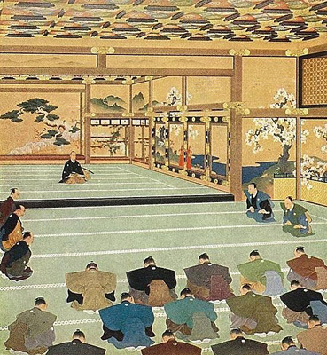 La restitution du pouvoir à l’empereur, Taisei hôkan zu 大政奉還図 par Murata Tanryô 邨田丹陵 (1872-1940), Musée Meiji de Tokyo, Meiji jingu seitoku kinen kaikan 明治神宮聖徳記念絵画館