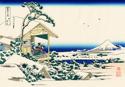 Maison de thé à Koishikawa, le matin après une chute de neige, Koishikawa yuki no ashita 礫川雪の旦 extrait des Trente-six vues du Mont Fuji, Fugaku sanjūrokkei 冨嶽三十六景, de Katsushika Hokusai 葛飾 北斎 (1760-1849) © Wikipédia